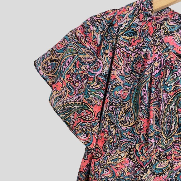 Rebecca Taylor Pink Multicolor + Gold Metallic Paisley Print Silk Blouse - Picture 4 of 9